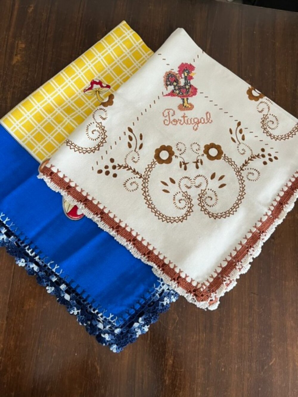 Two Vintage Cotton Hand Embroidered  Tea Square Tablecloths (Beige & Blue)